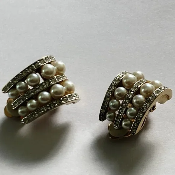 VTG Carolee Earrings Rhinestone Clip Statement Wedding Simulated Diamond Pearls - Picture 8 of 12